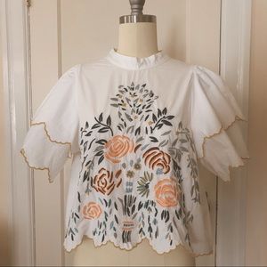 Zara white embroidered crop blouse / size M